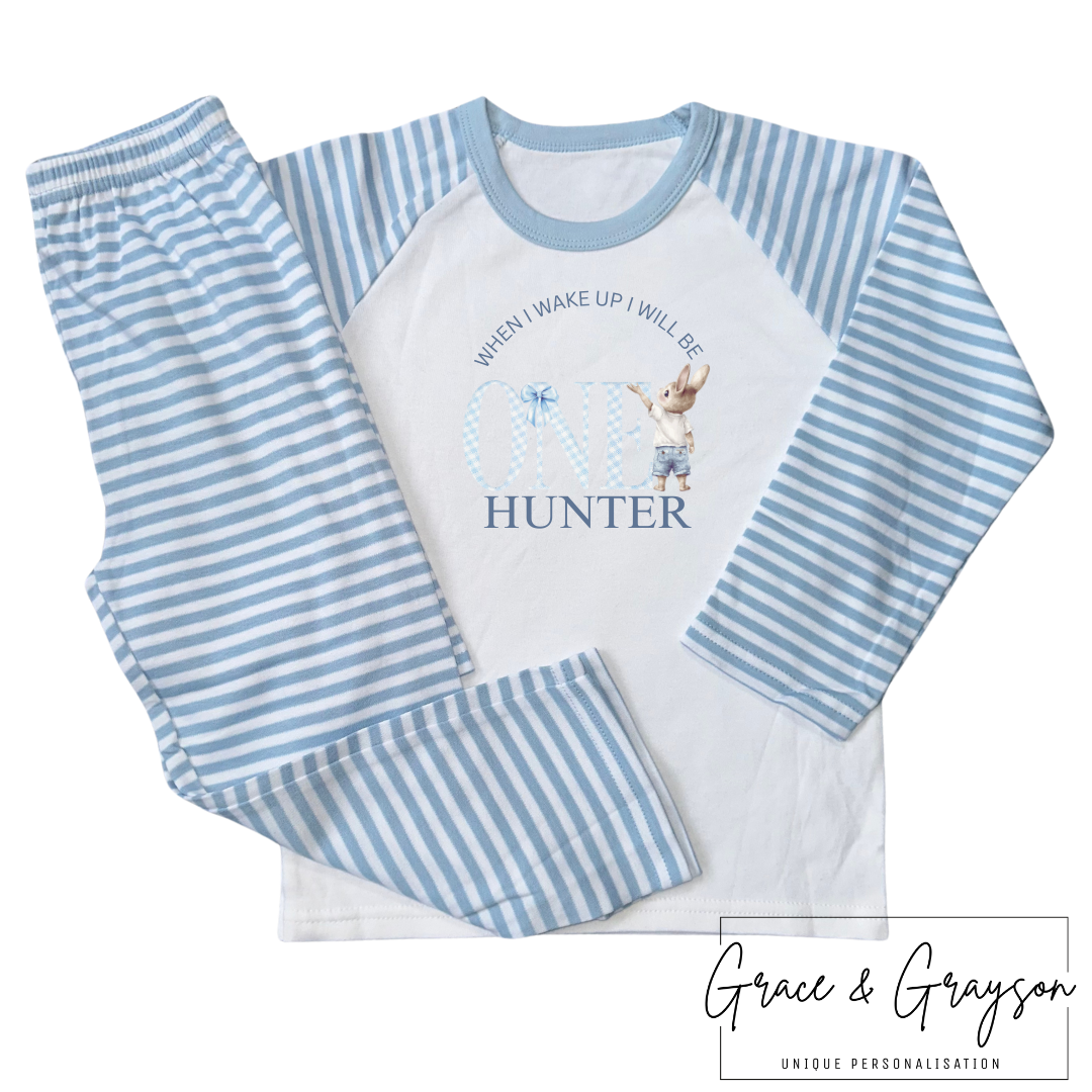 Personalised Blue Gingham When I Wake Up Birthday Bunny Pyjamas