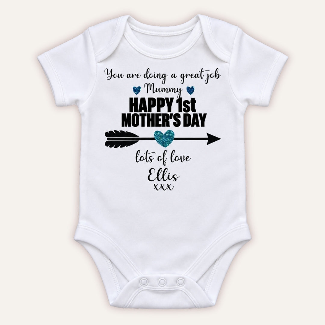 White personalised Mother’s Day baby vest with blue hearts, arrow and You Are Doing a Great Job Mummy design, Grace & Grayson