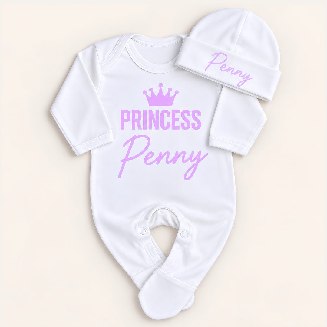 White personalised Princess baby grow and matching hat with lilac crown lettering, Grace & Grayson