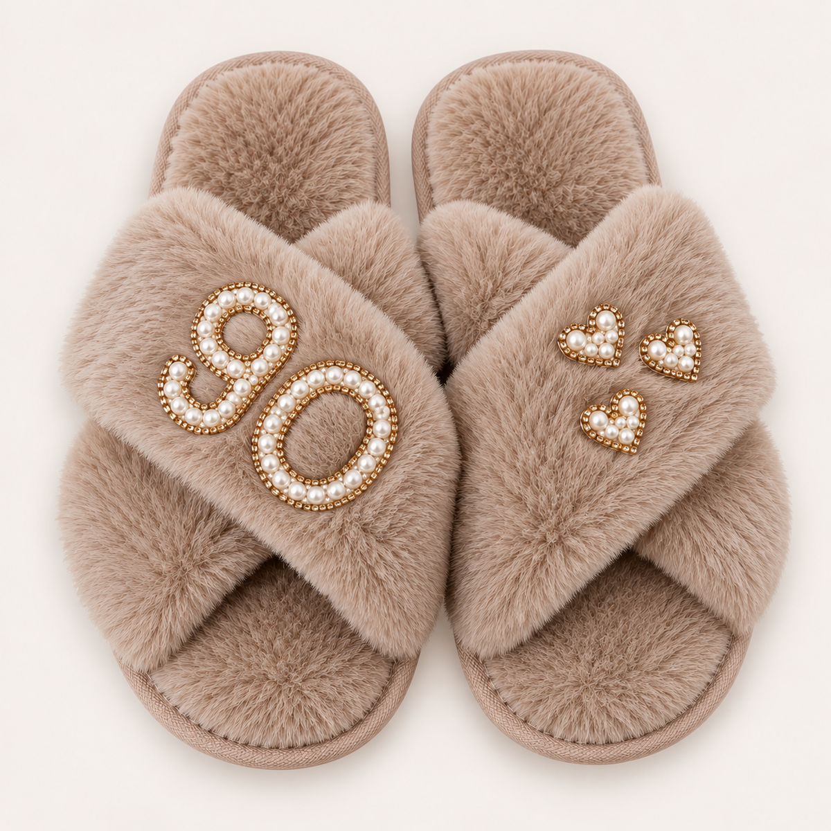Beige faux fur crossover slippers with a pearl number 90, gold trim and three pearl hearts, Grace & Grayson