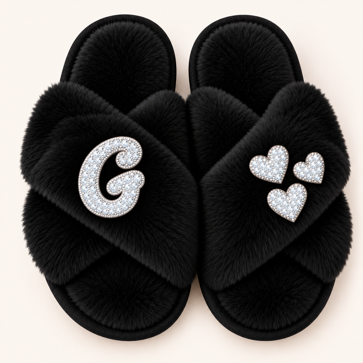 Black faux fur crossover slippers with a pearl initial and three pearl hearts with silver-tone detailing, Grace & Grayson