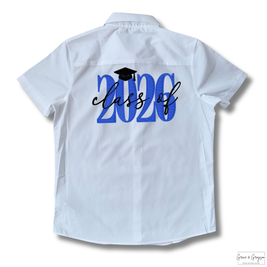 Blue boys Class of Leavers 26: "Blue Class Of 2026 Leavers Shirt - Personalised school leavers signature t-shirt"
