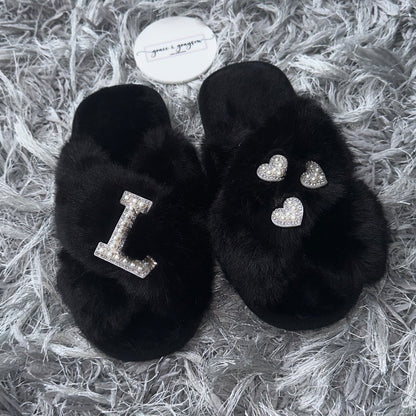 Kids Personalised Pearl Initial & Heart Faux Fur Slippers