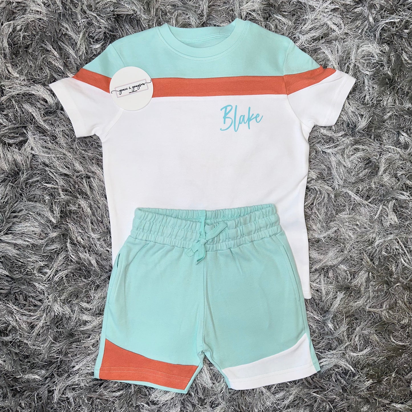 Turquoise Blue & White Mix Shorts & T-Shirt Set