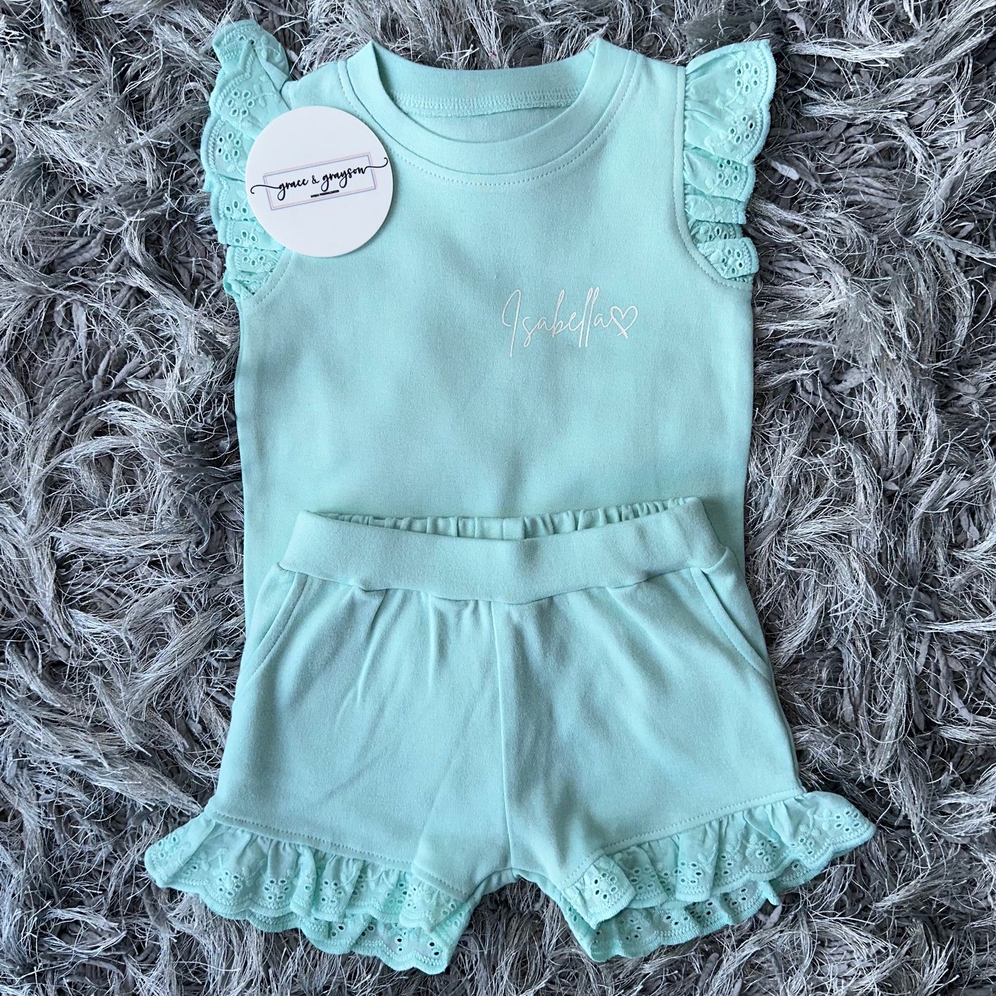 Turquoise Blue Broderie Frill Shorts & T-Shirt Set