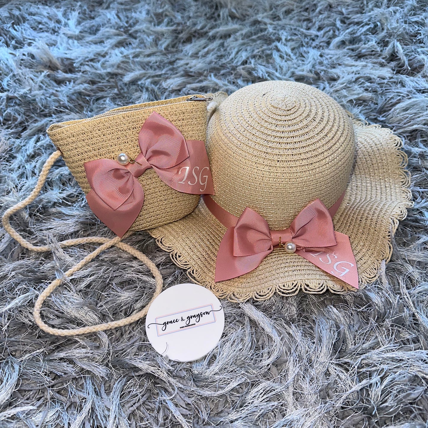 Personalised Pearl & Bow Straw Hat & Bag Set
