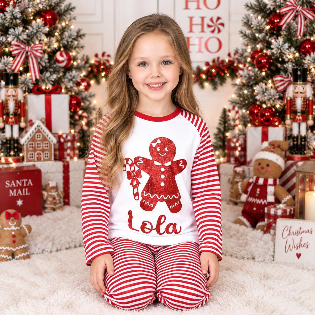 Child wearing personalised red and white striped gingerbread man Christmas pyjamas beside a decorated Christmas tree by Grace & Grayson