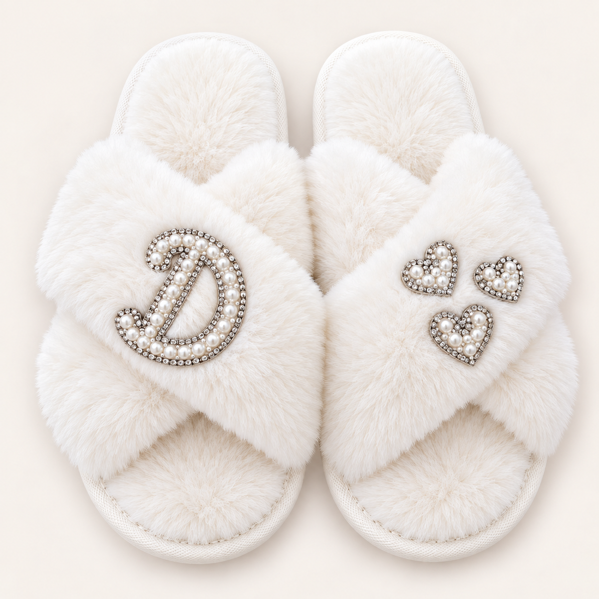 White faux fur crossover slippers with a pearl initial and three pearl hearts with silver-tone detailing, Grace & Grayson