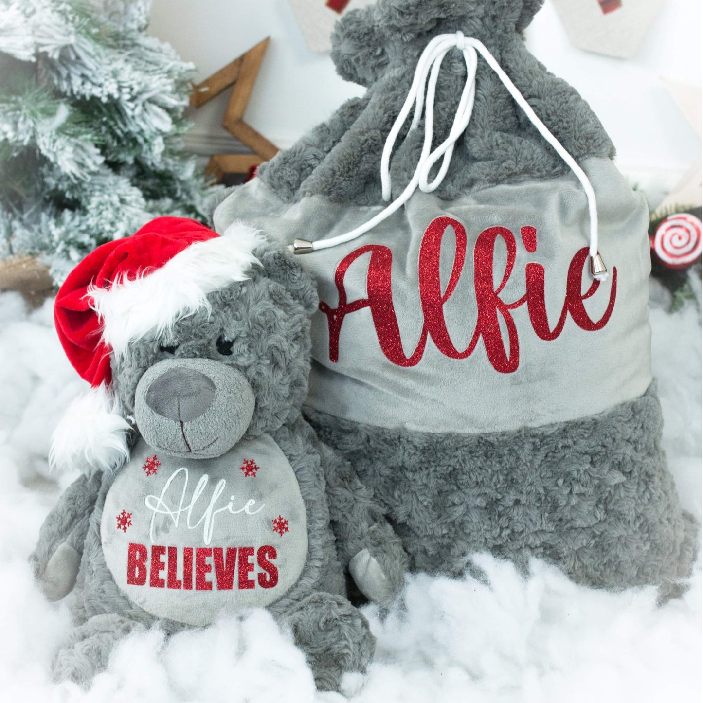 Personalised Bold Name Believes Christmas Teddy Bear