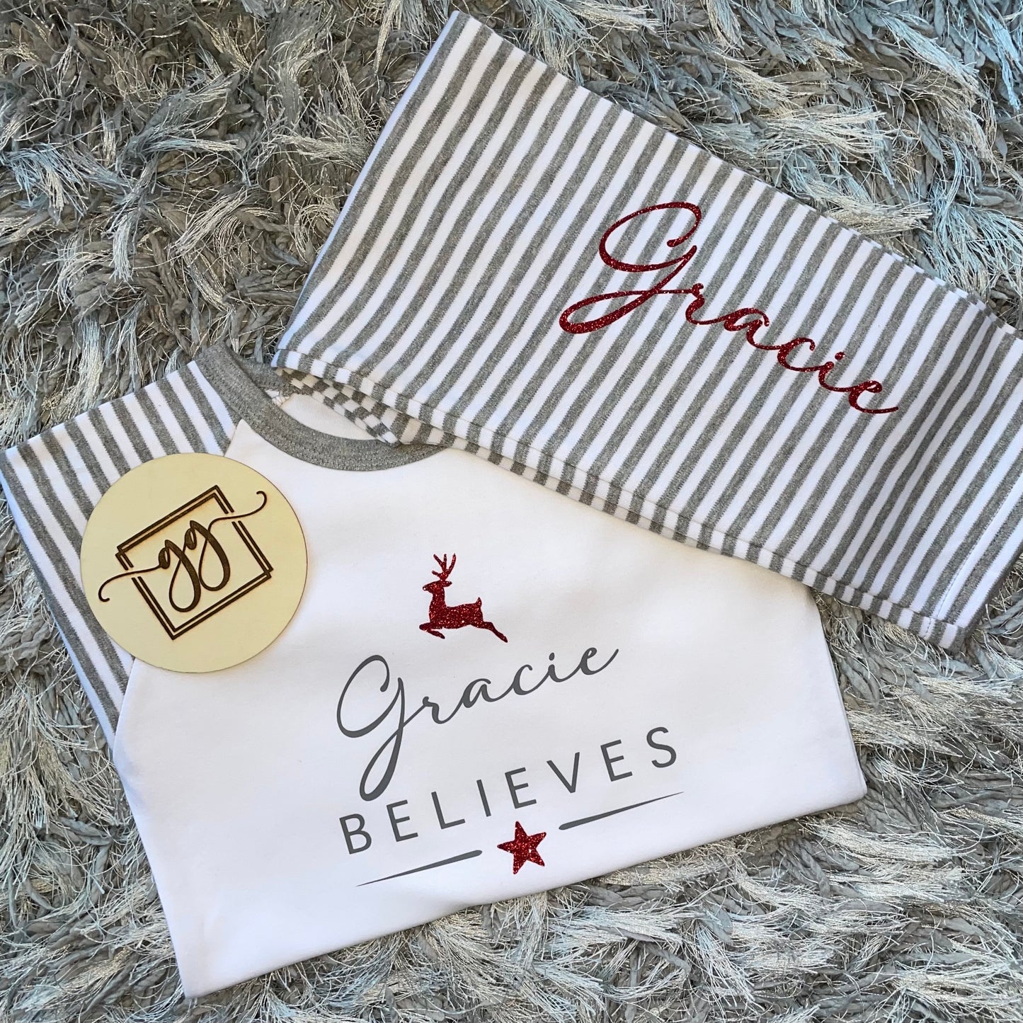 Personalised Believes Grey Stripe Christmas Pyjamas