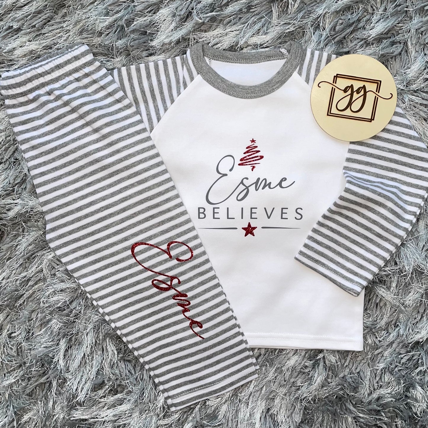 Personalised Believes Grey Stripe Christmas Pyjamas