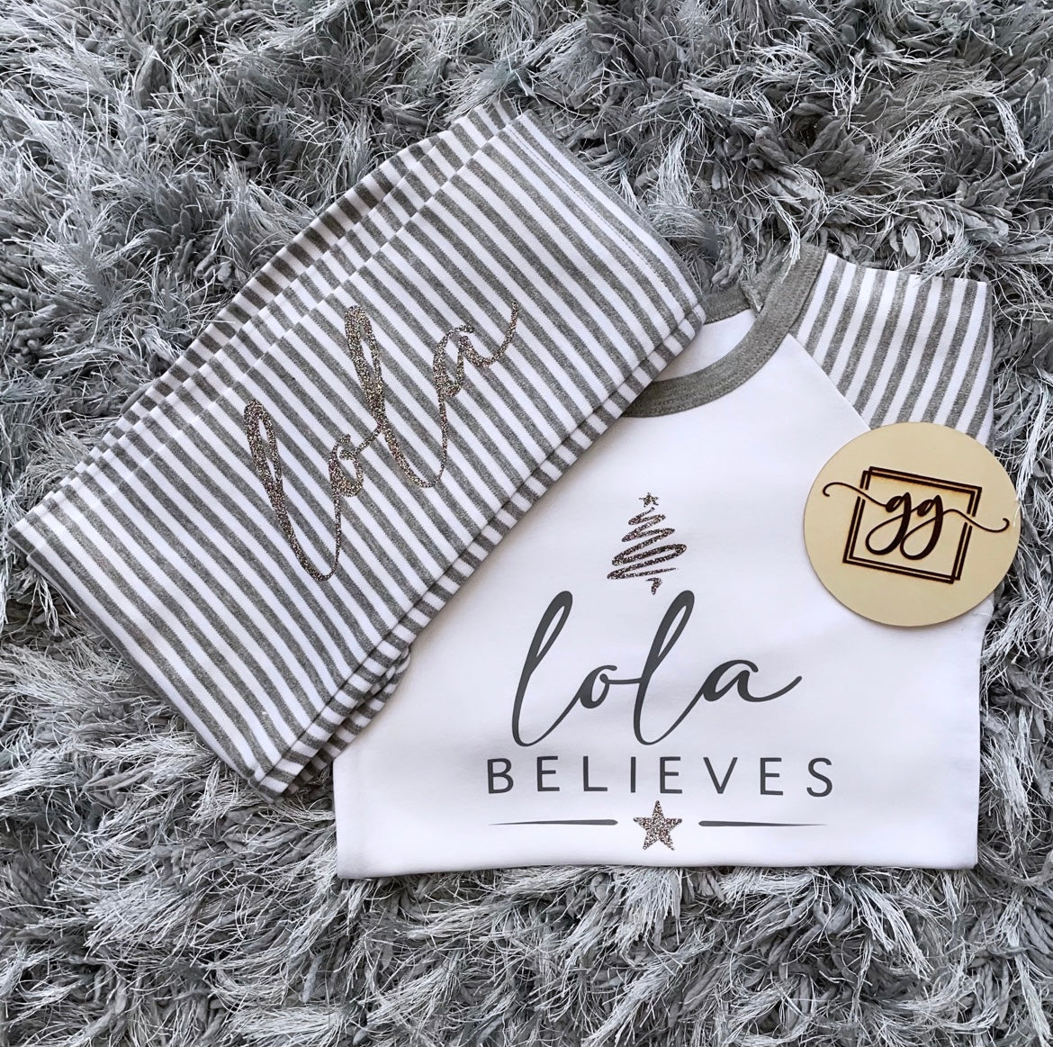 Personalised Believes Grey Stripe Christmas Pyjamas