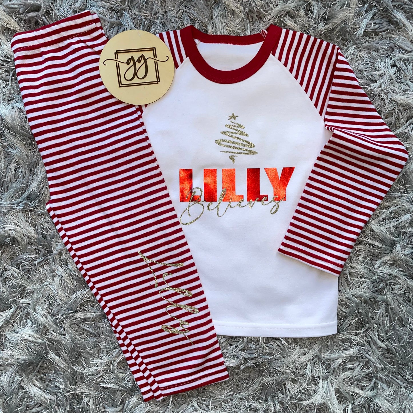Family Matching Bold Name Believes Red Stripe Christmas Pyjamas