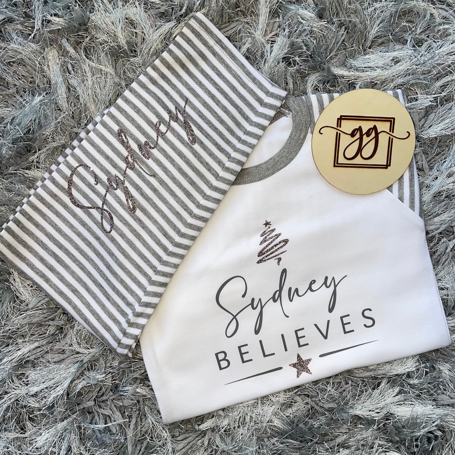 Personalised Believes Grey Stripe Christmas Pyjamas