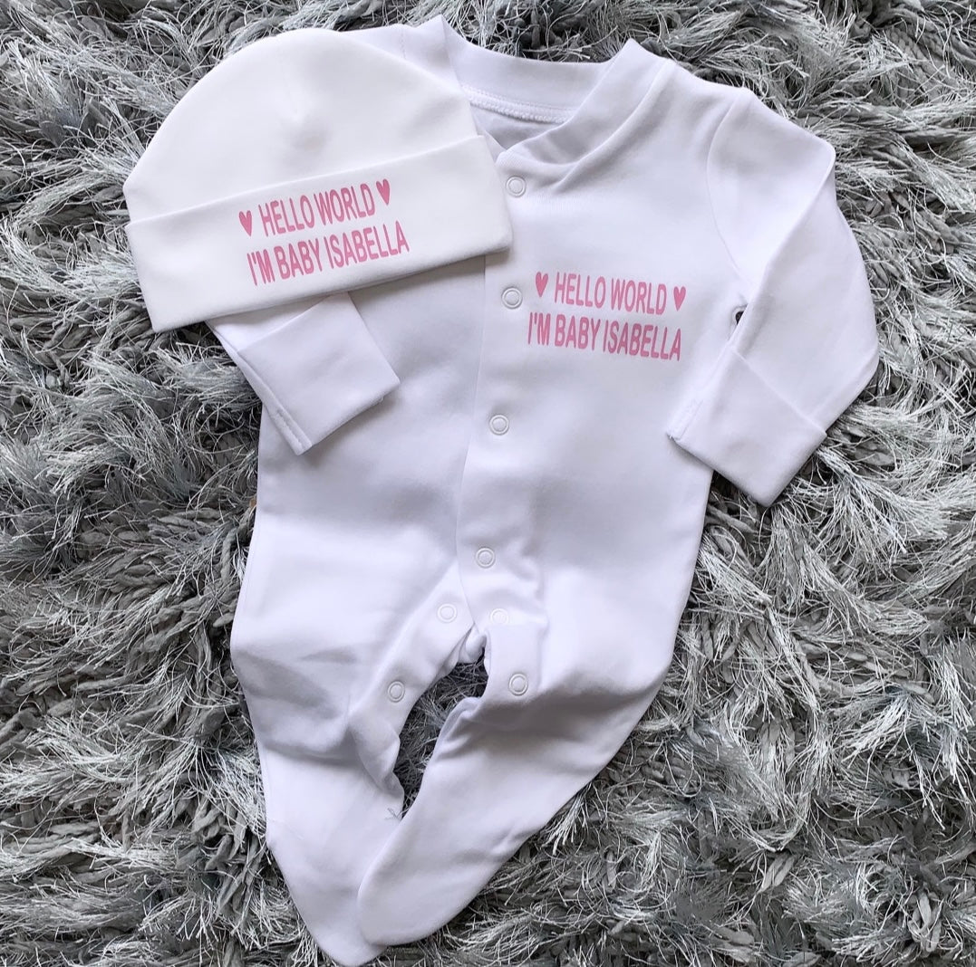Personalised Hello World Baby Grow Set Grace Grayson