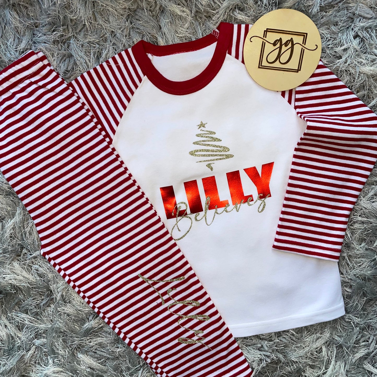 Family Matching Bold Name Believes Red Stripe Christmas Pyjamas