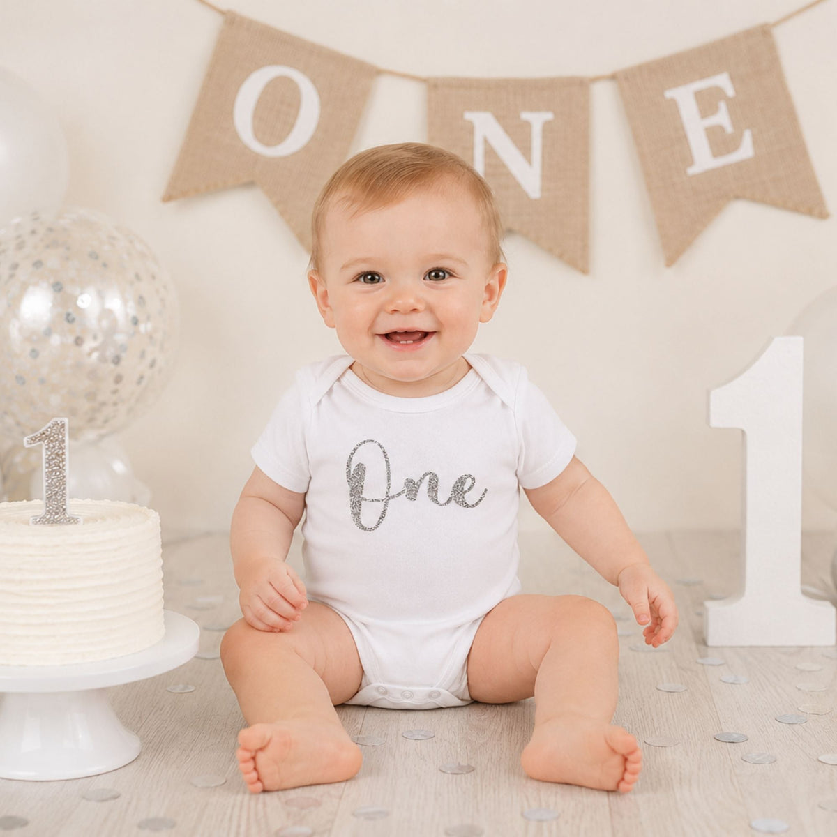 Baby wearing personalised 1st birthday baby vest with silver glitter One design, sitting next to birthday cake at first birthday party - Grace & Grayson