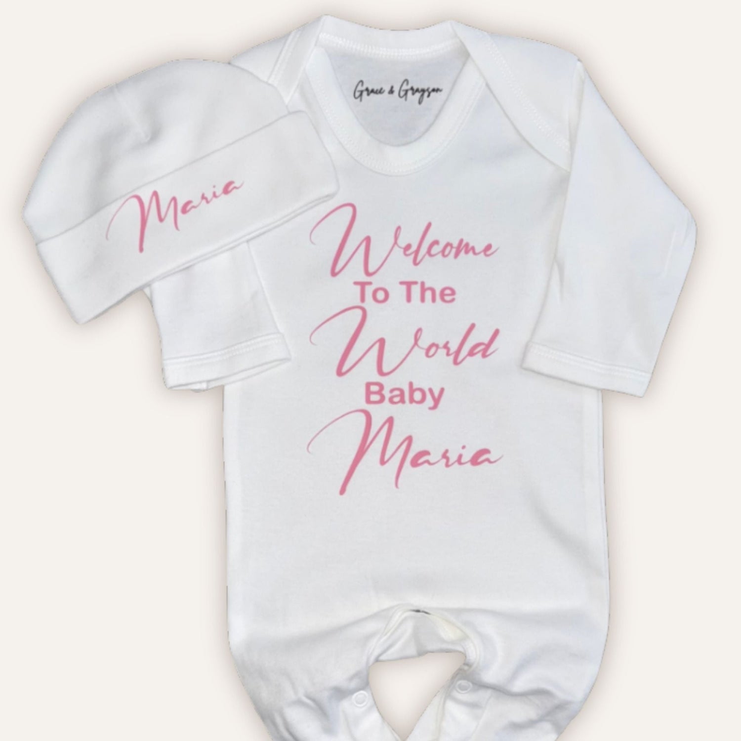 Personalised coming home outfit Welcome to the world baby grow UK Grace & Grayson
