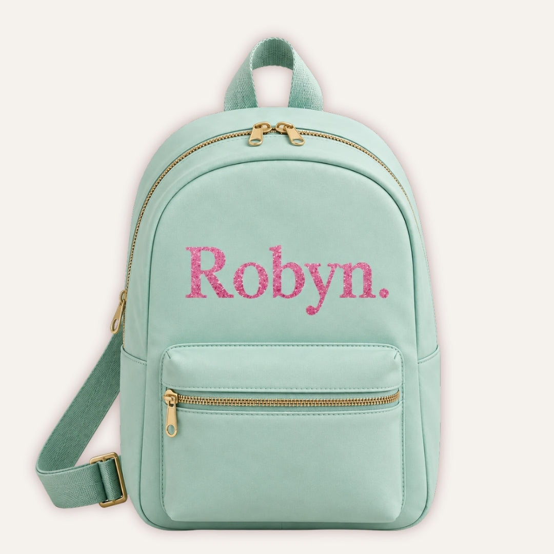 Personalised Sorbet Backpack - mint green backpack with custom name in Rose pink glitter font by Grace & Grayson
