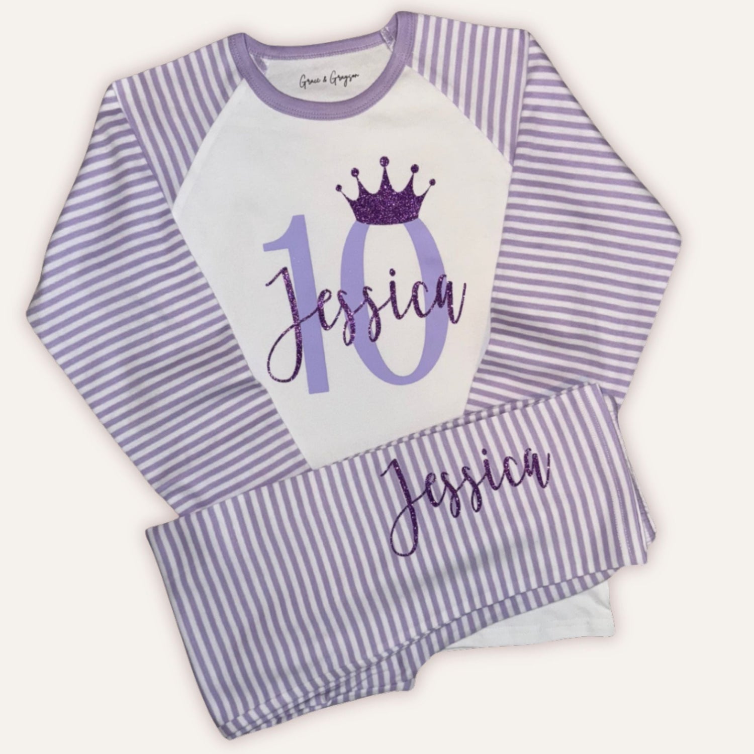Personalised Girls 10th Birthday Purple Stripe Pyjamas