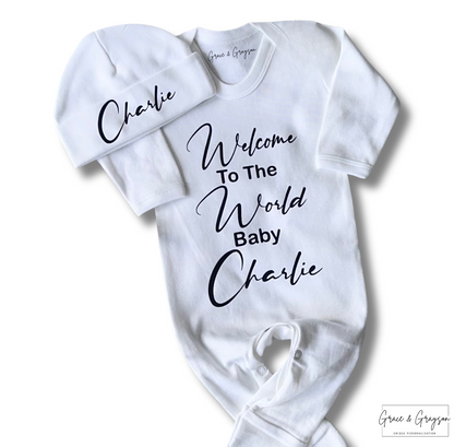 Personalised Welcome To The World Baby Grow Set