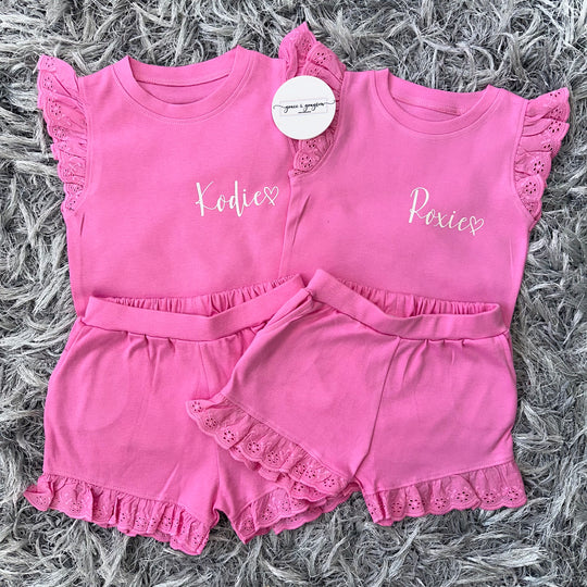 PinK Broderie Frill Shorts & T-Shirt Set