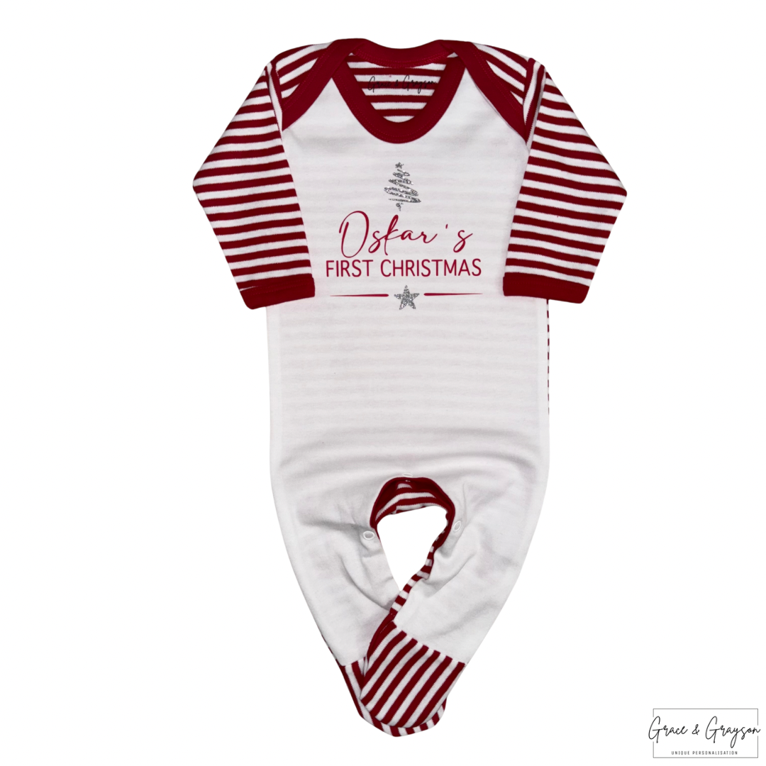 Personalised First Christmas Red & White Stripe Baby Grow