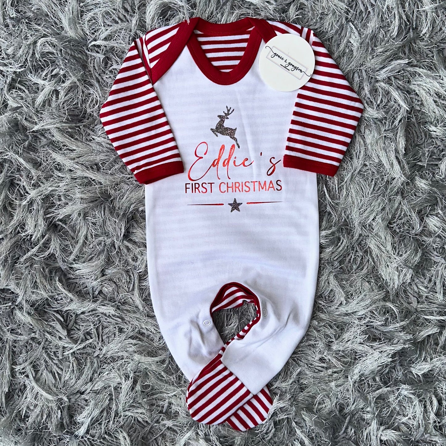 Personalised First Christmas Red & White Stripe Baby Grow