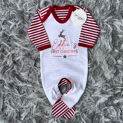 Personalised First Christmas Red & White Stripe Baby Grow