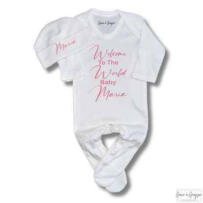 Personalised Welcome To The World Baby Grow Set