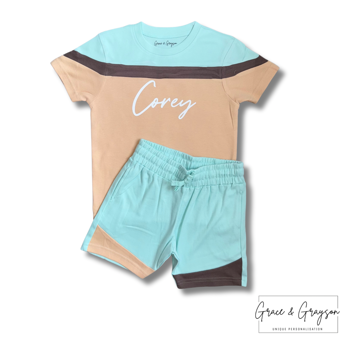 Turquoise Blue & Sand Mix Shorts & T-Shirt Set