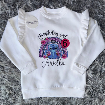 Personalised Birthday Girl Rainbow Stitch White Frill Sweatshirt
