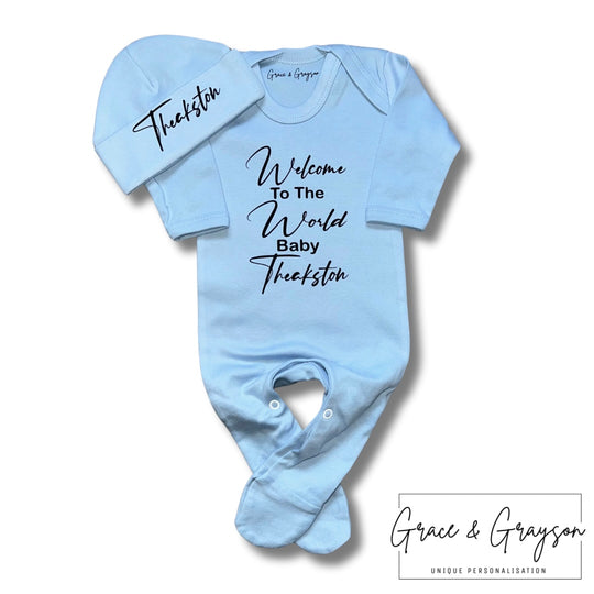 Personalised Welcome To The World Baby Grow Set