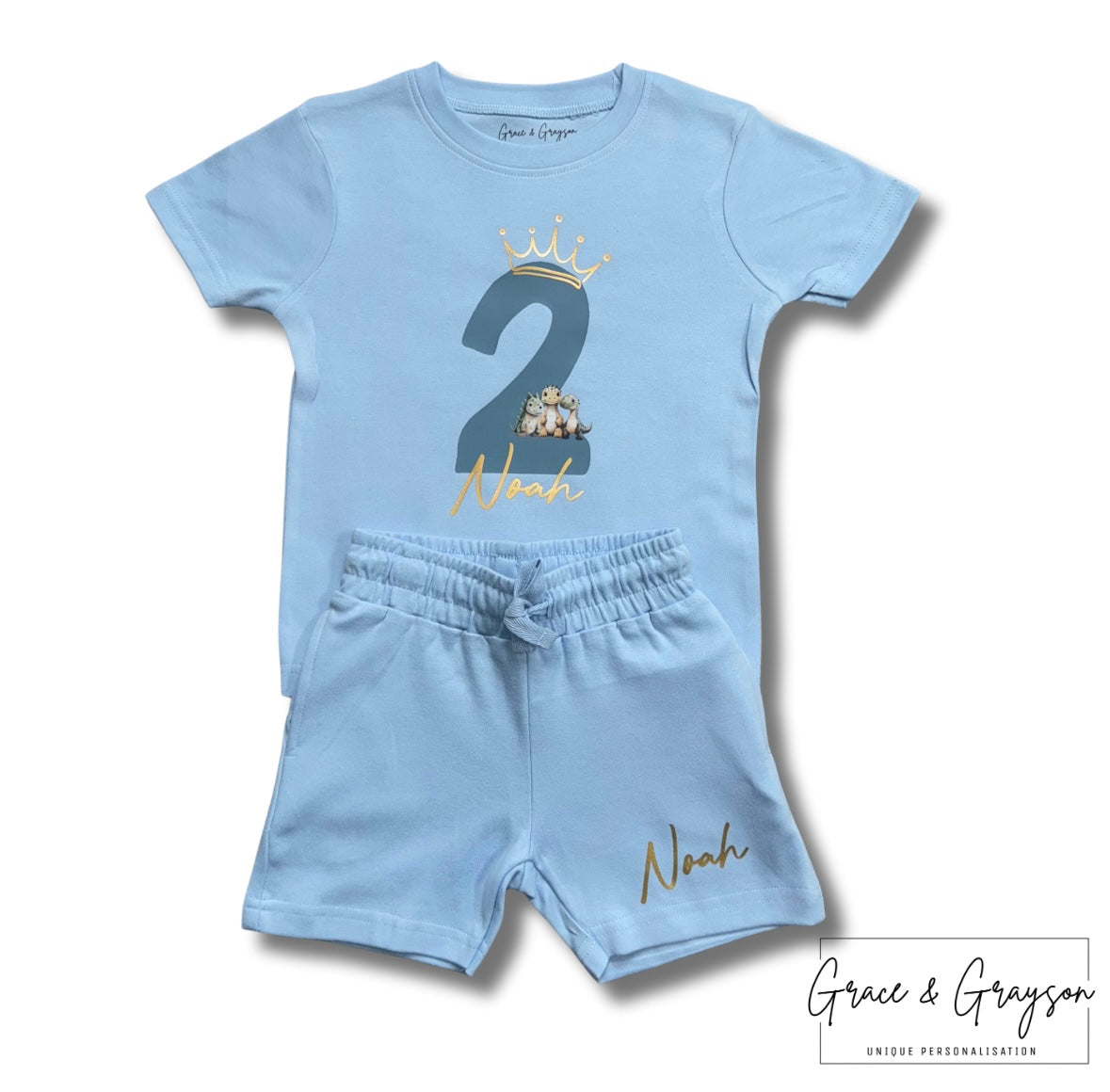 Personalised Baby Blue Birthday Dinosaur Shorts & T-Shirt Set