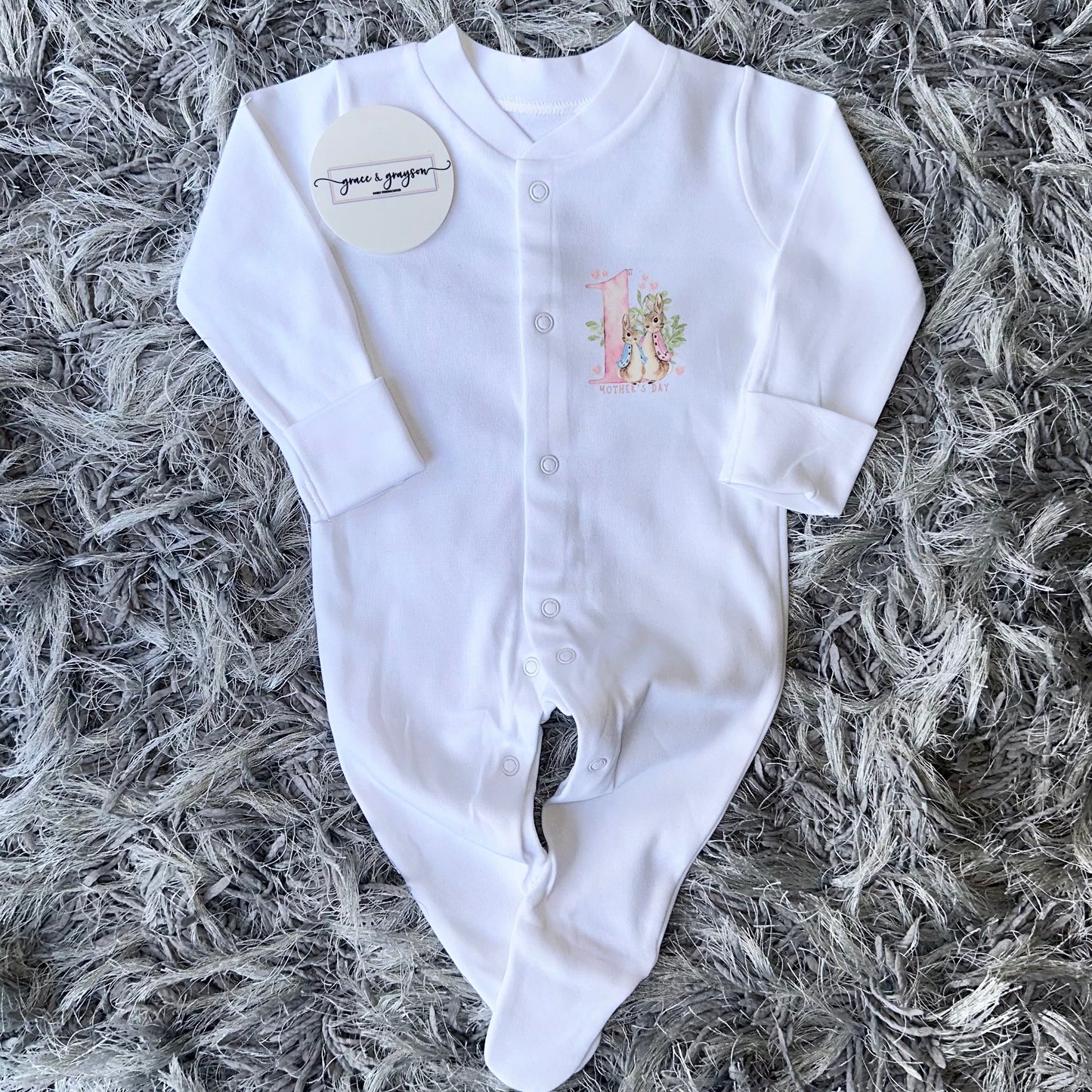 Pink 1st Mothers Day Peter Rabbit Baby Grow