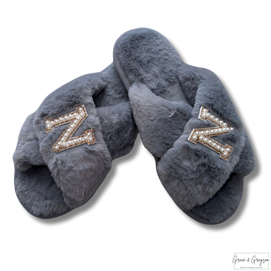 Adults Grey Personalised Pearl Initial Faux Fur Slippers