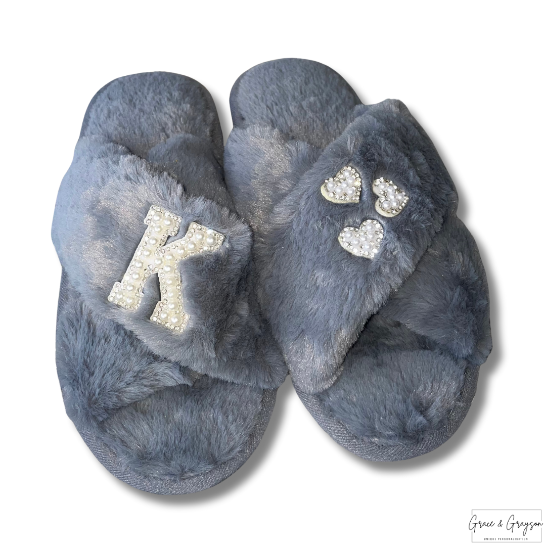 Adults Grey Personalised Pearl Initial & Heart Faux Fur Slippers