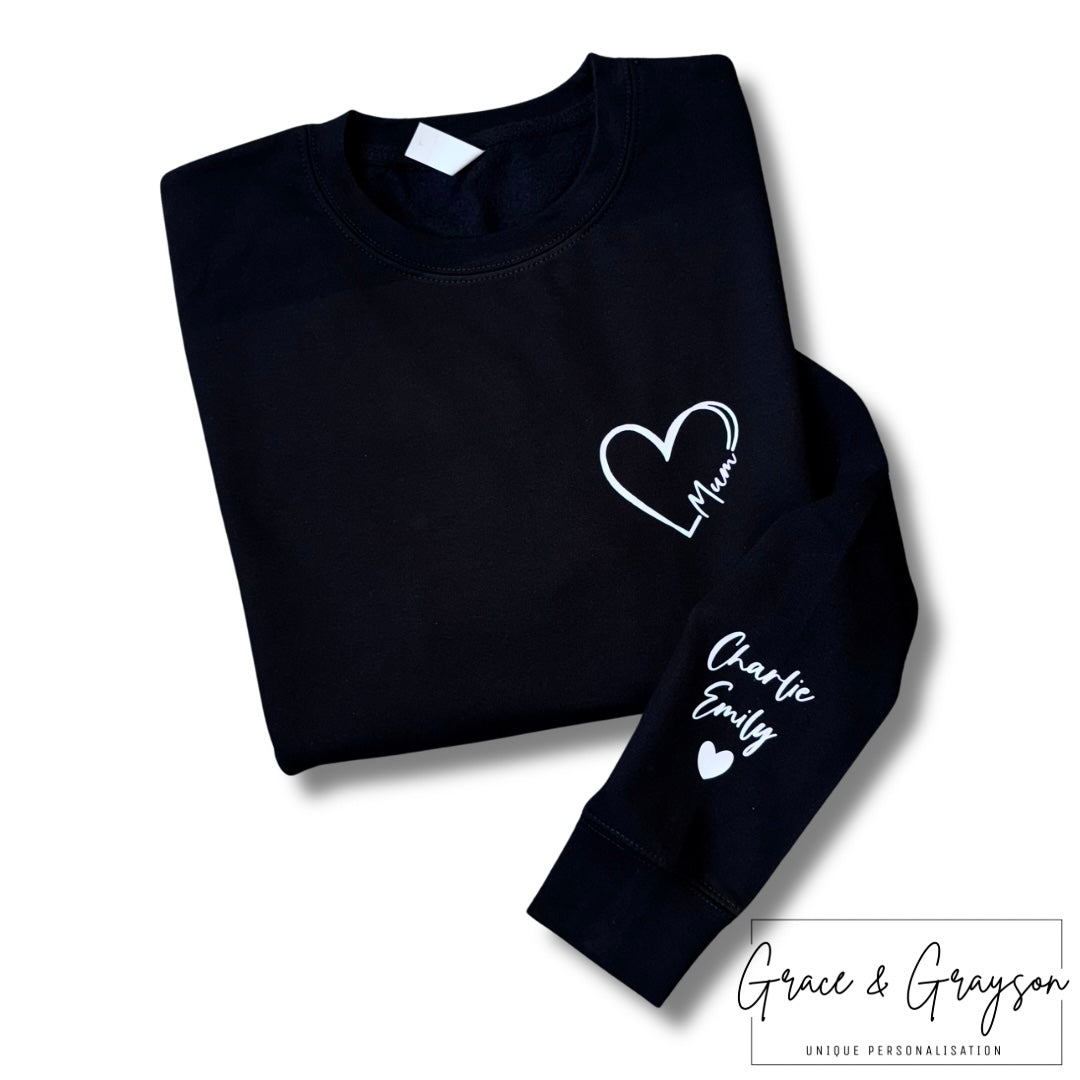 Adults Personalised Black Mum Heart Sweatshirt
