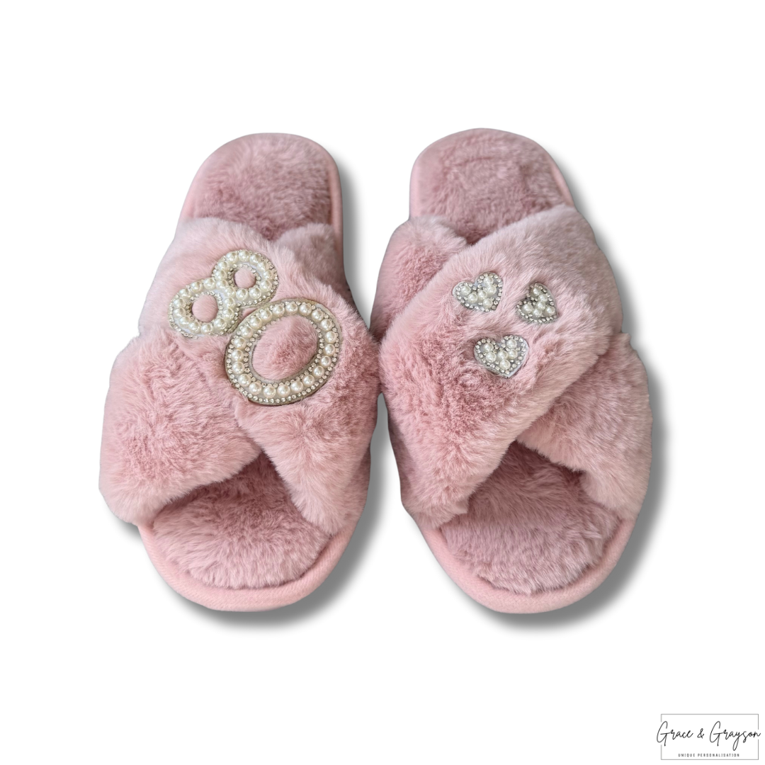 Adults Personalised Milestone Faux Fur Slippers Pink