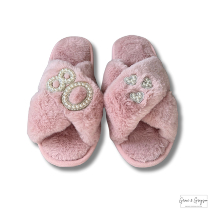 Adults Personalised Milestone Faux Fur Slippers Pink