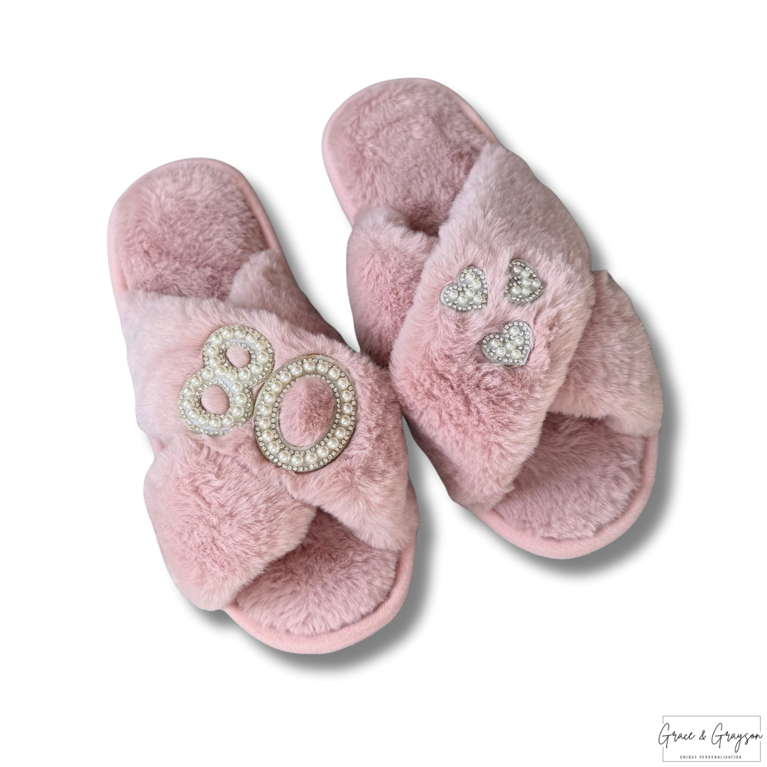 Adults Personalised Milestone Pink Faux Fur Slippers