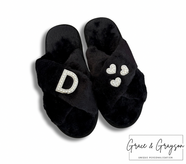 Adults Personalised Pearl Initial & Heart Faux Fur Slippers Black