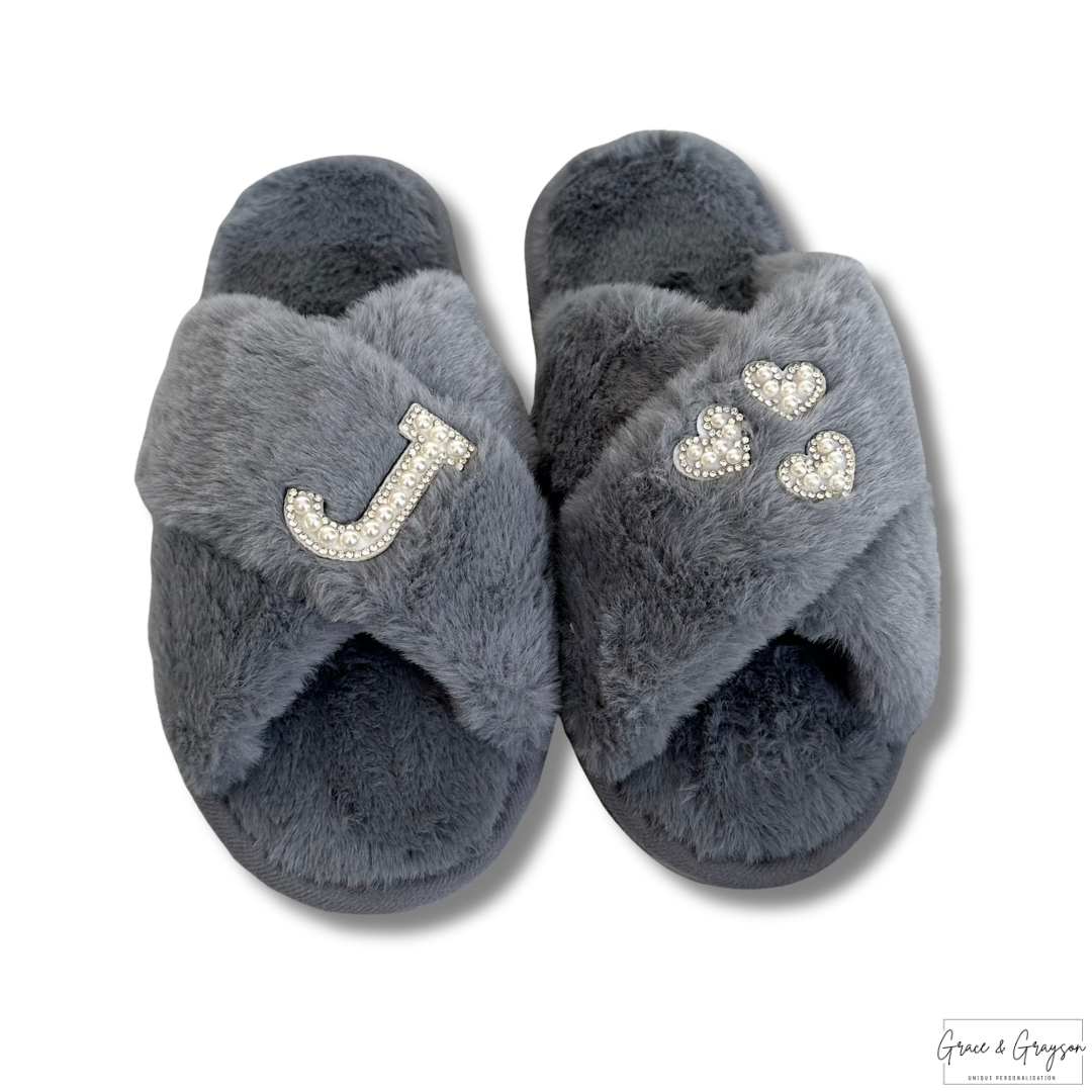 Adults Personalised Pearl Initial & Heart Faux Fur Slippers Grey