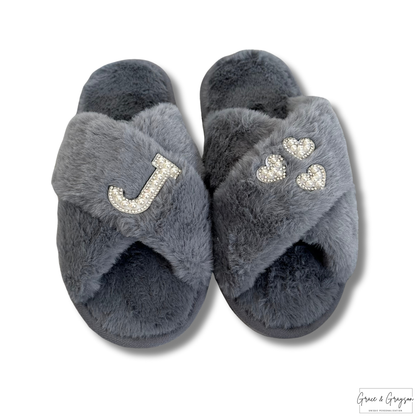 Adults Personalised Pearl Initial & Heart Faux Fur Slippers Grey
