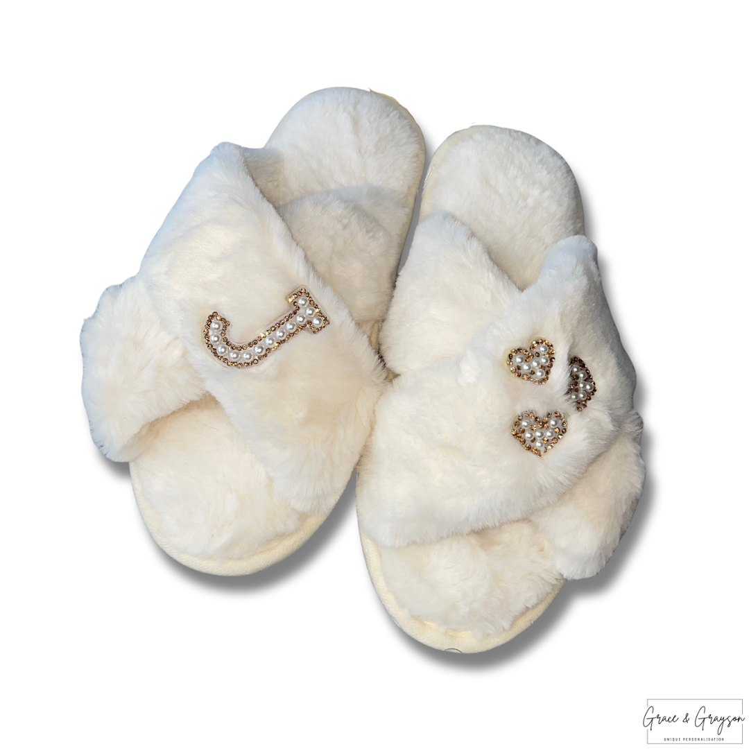 Adults Personalised Pearl Initial & Heart Faux Fur Slippers Ivory