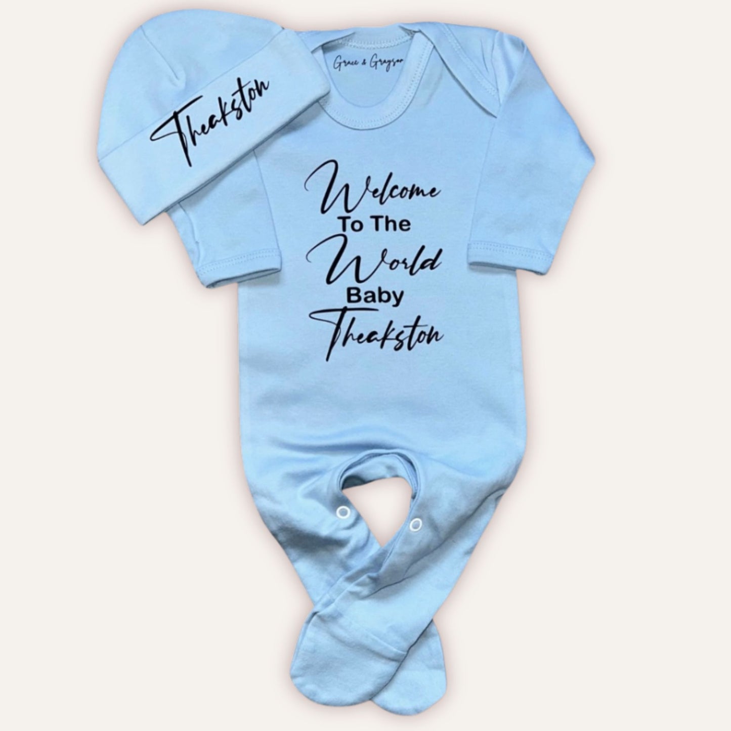 Baby boy's personalised welcome to the world baby grow set – Grace & Grayson