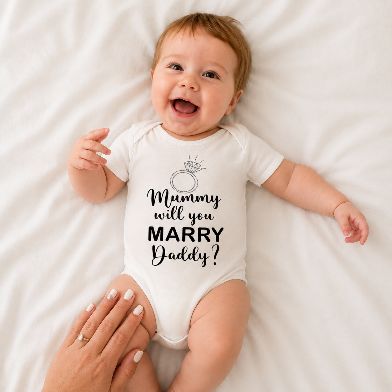 Baby wearing personalised proposal baby vest reading Mummy will you Marry Daddy with diamond ring design - Grace & Grayson