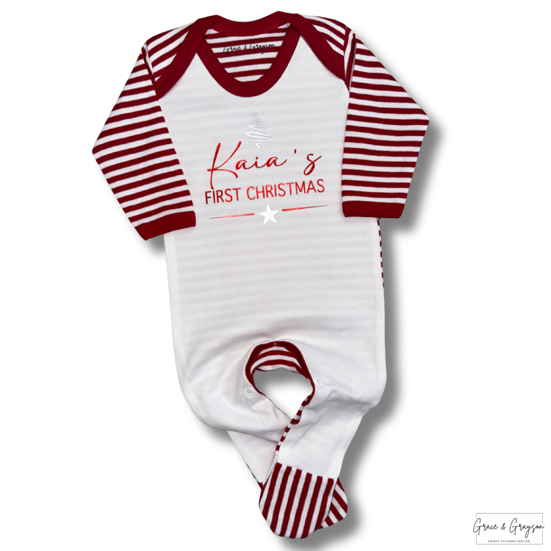 Personalised First Christmas Red & White Stripe Baby Grow
