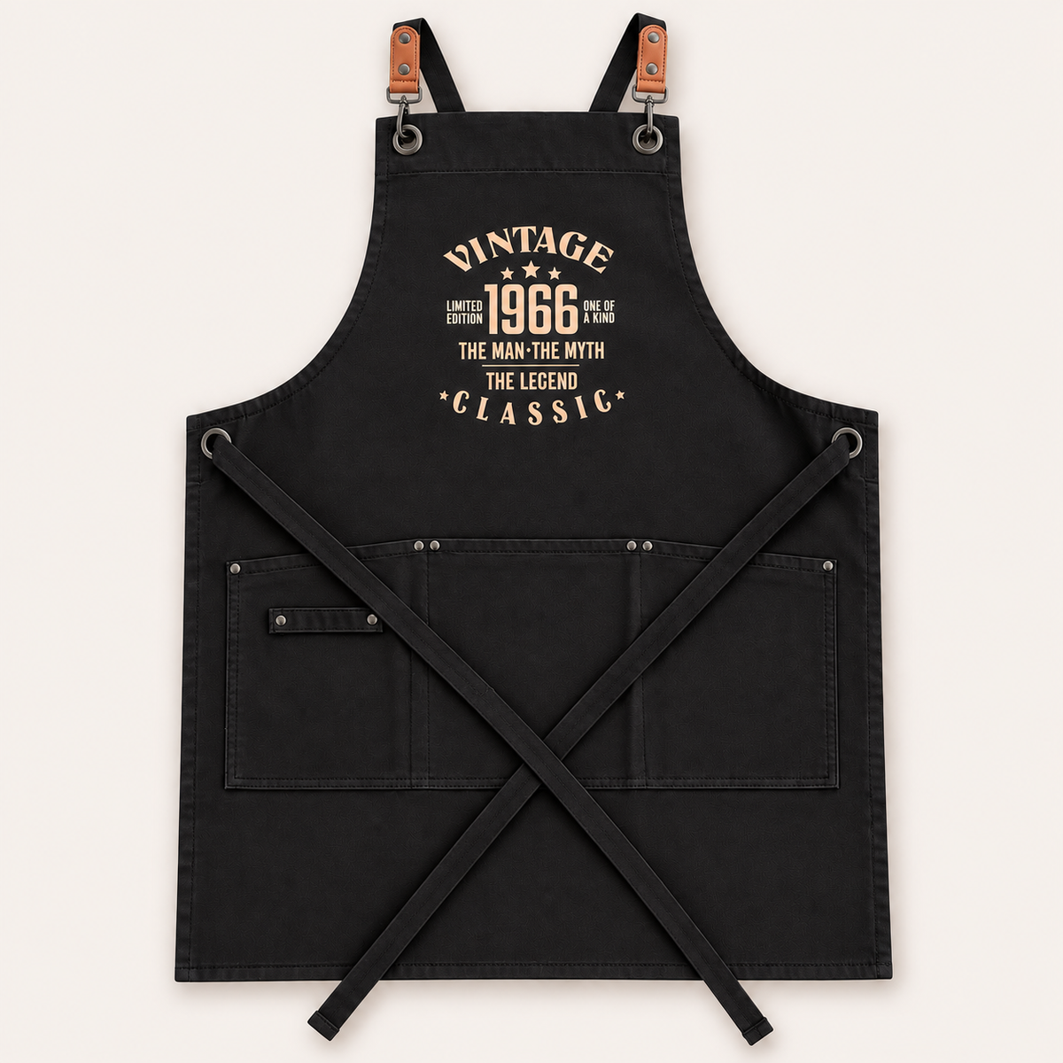 Black adult apron featuring a Vintage 1966 The Man, The Myth, The Legend Classic design, Grace & Grayson