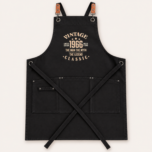Black adult apron featuring a Vintage 1966 The Man, The Myth, The Legend Classic design, Grace & Grayson